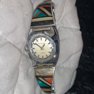 Timex Silver Watch with Black, Orange, and Teal Accents signed native made